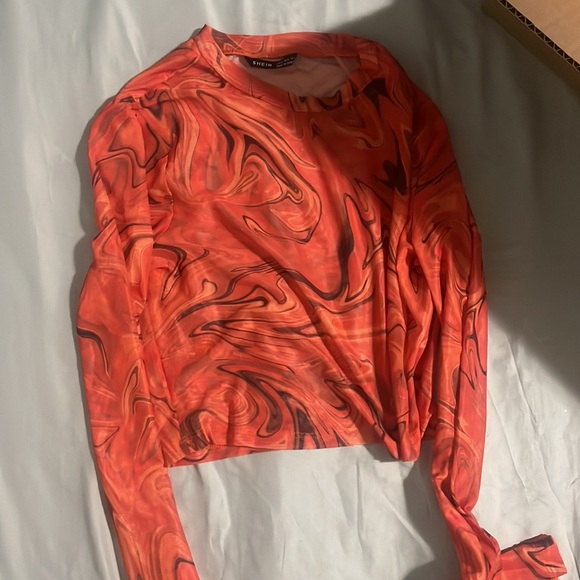 orange marble print long sleeve mesh crop top - Picture 3 of 4